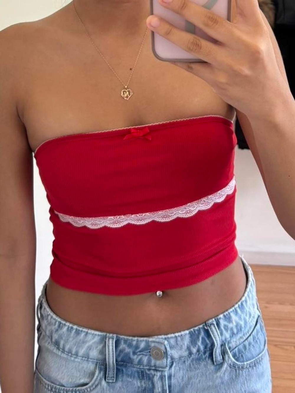 Red Ribbed Lace-Trim Tube Top